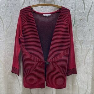 Womens Burgundy & Black Striped Knit Cardigan with Single Button